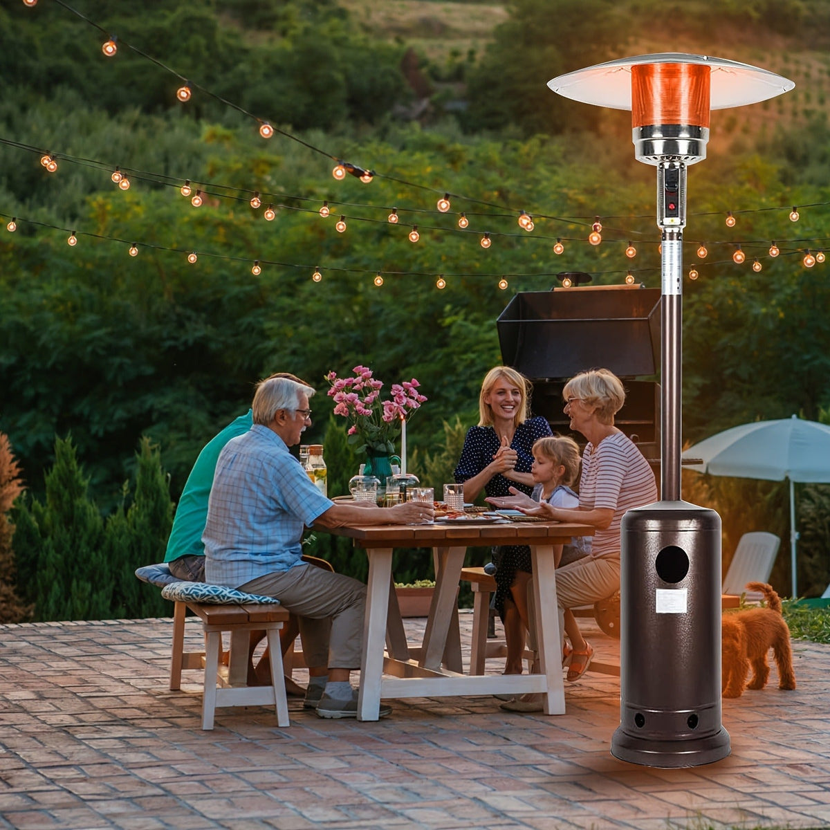 Outdoor Propane Patio Heater 46000 BTU Freestanding Tower with Wheels, Bronze Powder-Coated, Commercial & Residential — image