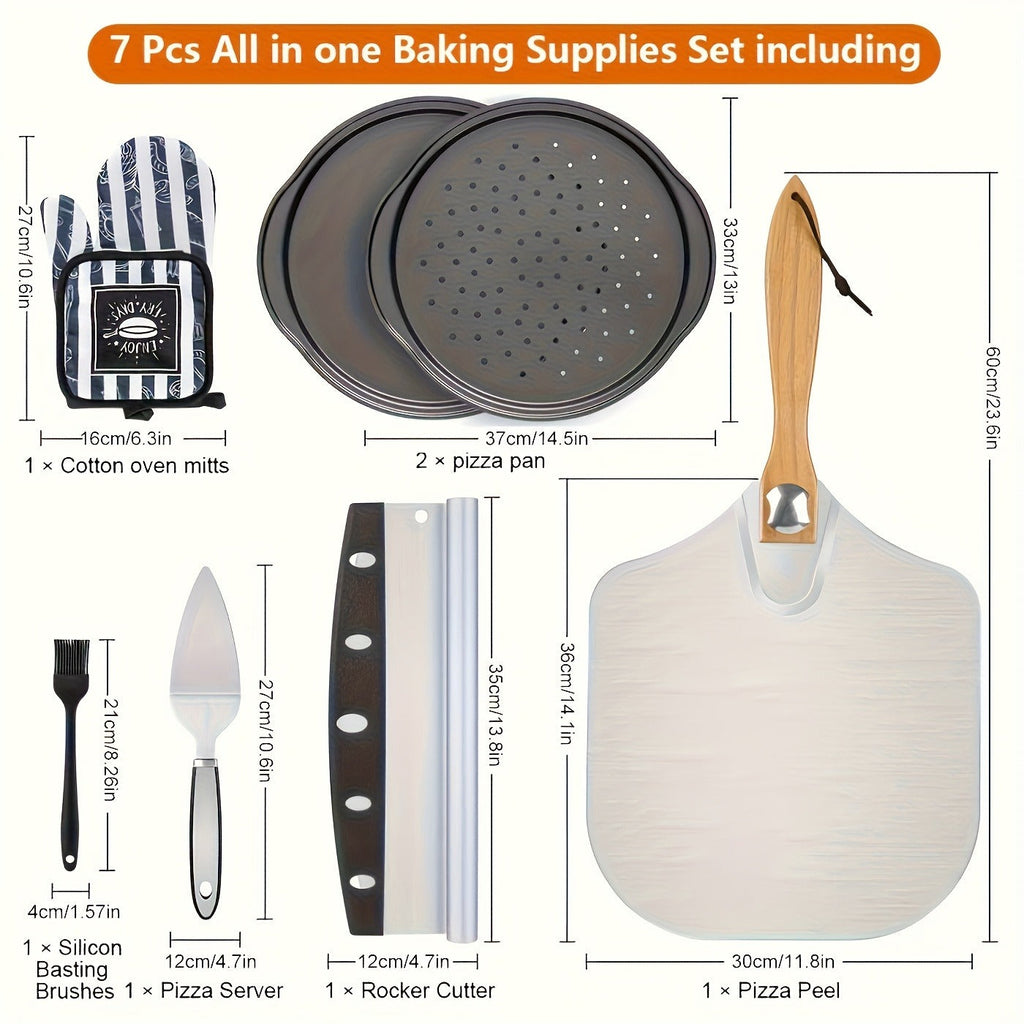 Pizza Stone Set 7-Piece with Tools – Cordierite Baking Stone with Stainless Steel Peel Cutter Brush & Heat-Resistant Gloves |