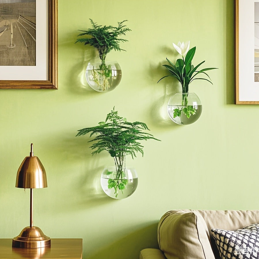 Wall Hanging Glass Terrarium Planter Oblate Flower Vase for Hydroponics Plants Bathroom Home Office Living Room Decor Set of 