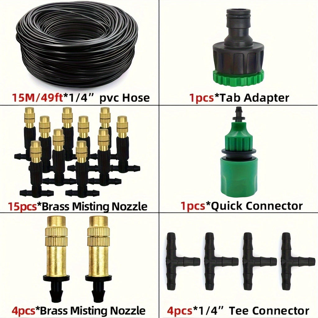 Outdoor Misting Cooling System 15m – 1/4" Brass Nozzles, 4/7mm Hose, Patio Garden Greenhouse — image 4