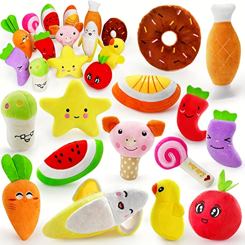 Fourteen-Piece Plush Dog Toy Set with Fruit, Vegetable and Snack Shapes for Supervised Squeaky Play — image 2
