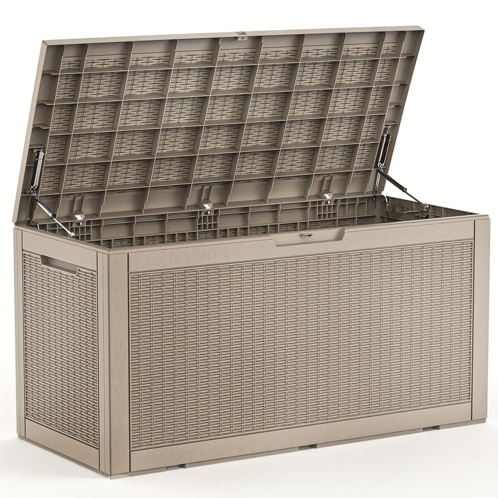 100-Gallon Rattan-Style Outdoor Deck Box with Lockable Lid, Lift Supports and Black Finish — image 3