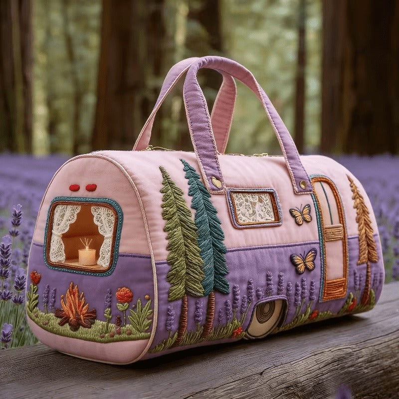 Camper Motif Quilted Travel Tote Bag with Zippered Top, Lavender Handles and 16 x 8 x 8-Inch Checkout Size — image 4