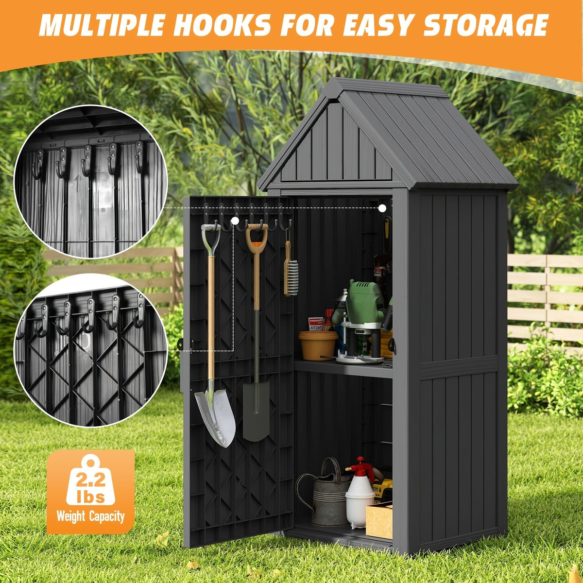 Tall Resin Outdoor Storage Shed with Sloped Roof, Lock-Ready Door and Interior Hooks in Black or Brown — image 4
