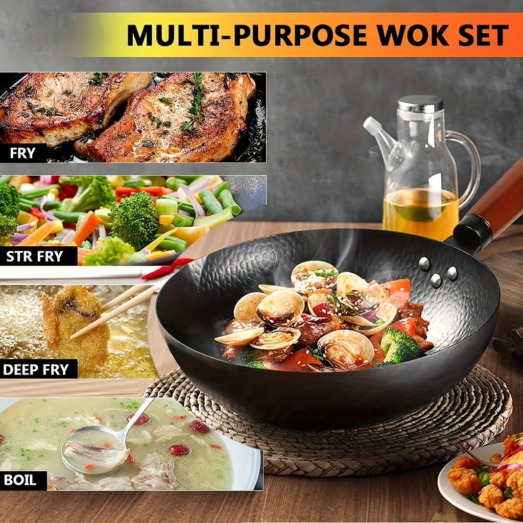 Wok Set Cast Iron 12.6 Inch Nonstick with 13 Accessories, Natural Nonstick No Chemical Coating Stir Fry Pan with Lid & Detach
