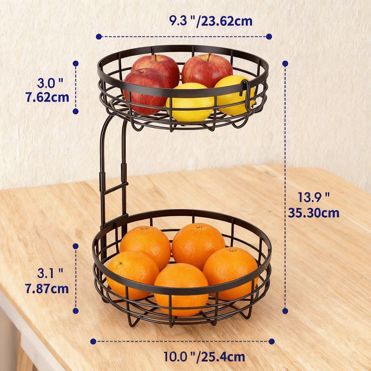 Tiered Fruit Basket Kitchen Organizer with Banana Hook, Removable 2 or 3 Metal Baskets and Wood Handle — image 5