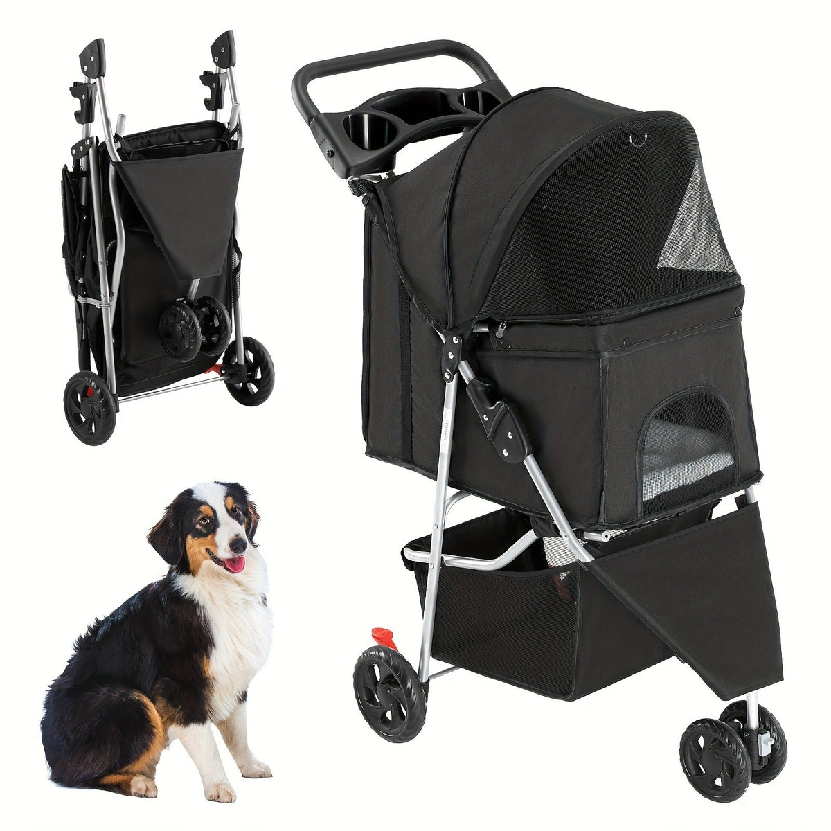 Black Three-Wheel Pet Stroller with Mesh Cabin, Front Cover, Cup Tray and Lower Storage Basket — image 12
