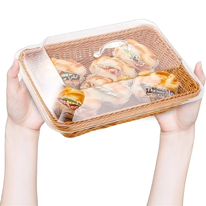Wicker Bread Basket with Clear Acrylic Lid Rattan Storage Basket Washable Food Tray for Bread Fruit Desserts Kitchen Picnic H