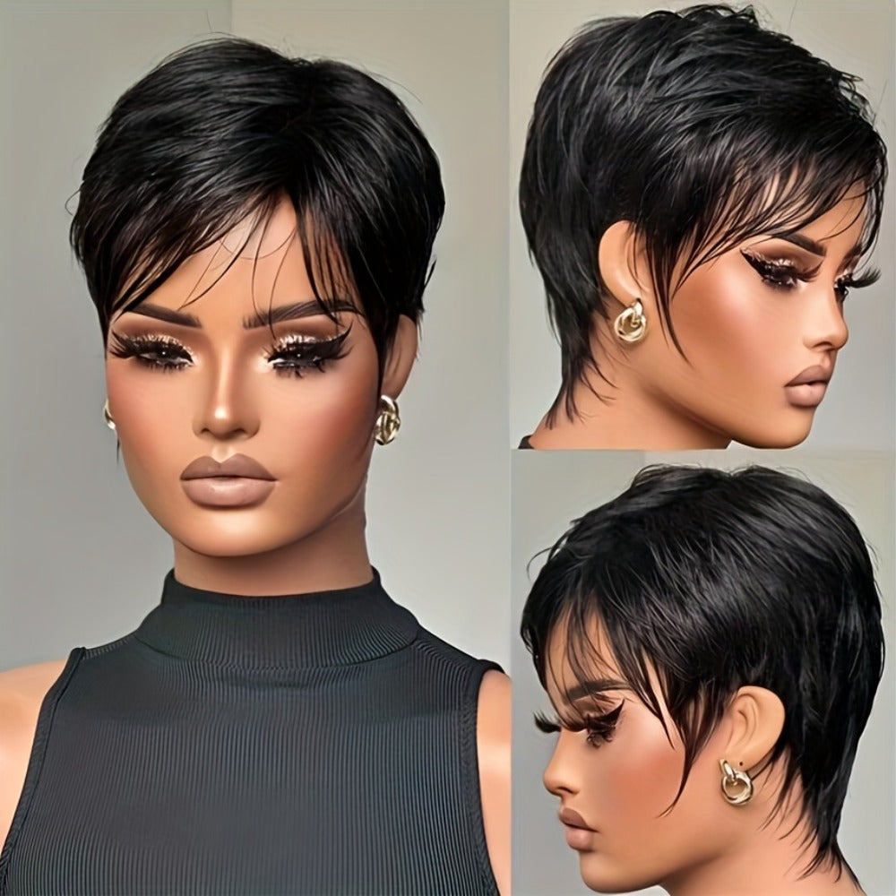 Pixie Cut Wig Human Hair with the Bangs and a Full Black Cap — image 2