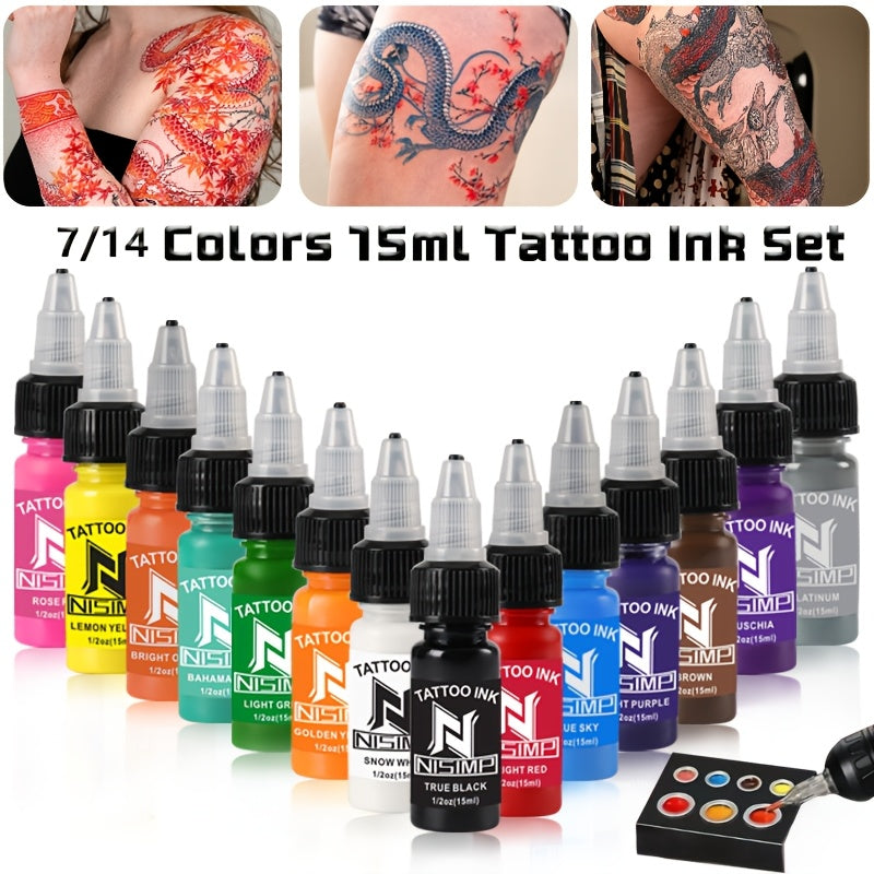 Tattoo Ink NISIMP 7- or 14-Color Gift Box Set with Transparent Bottles and Two Configurations — image 1