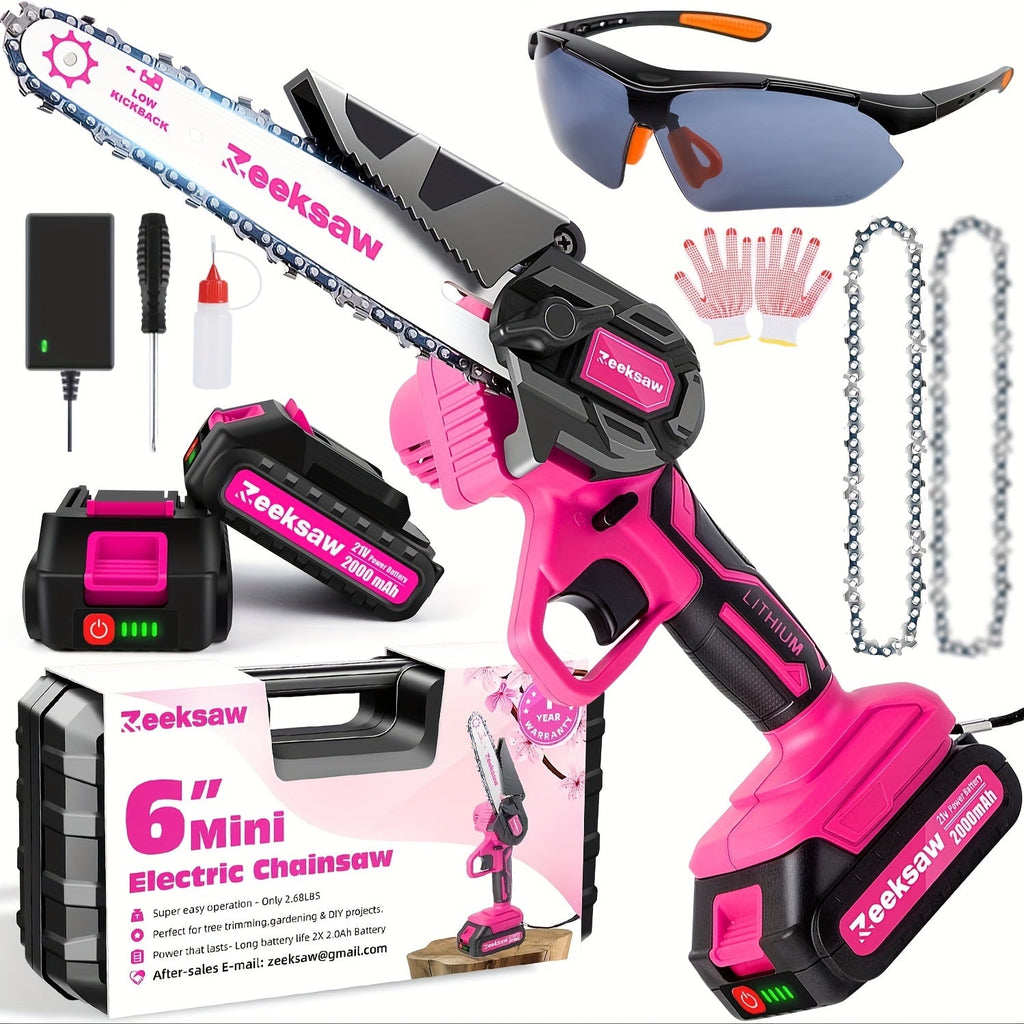 Pink 6-Inch Mini Cordless Chainsaw Kit with Two Batteries, Charger, Carry Case, Spare Chains and Clear Eyewear — image 6