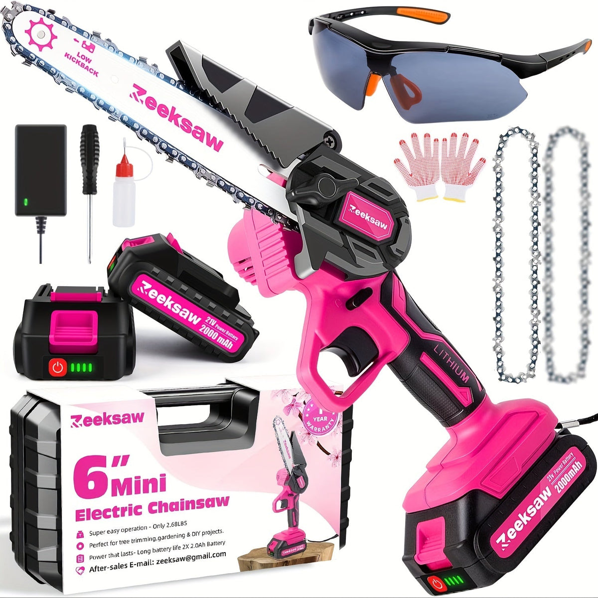Pink 6-Inch Mini Cordless Chainsaw Kit with Two Batteries, Charger, Carry Case, Spare Chains and Clear Eyewear — image 6