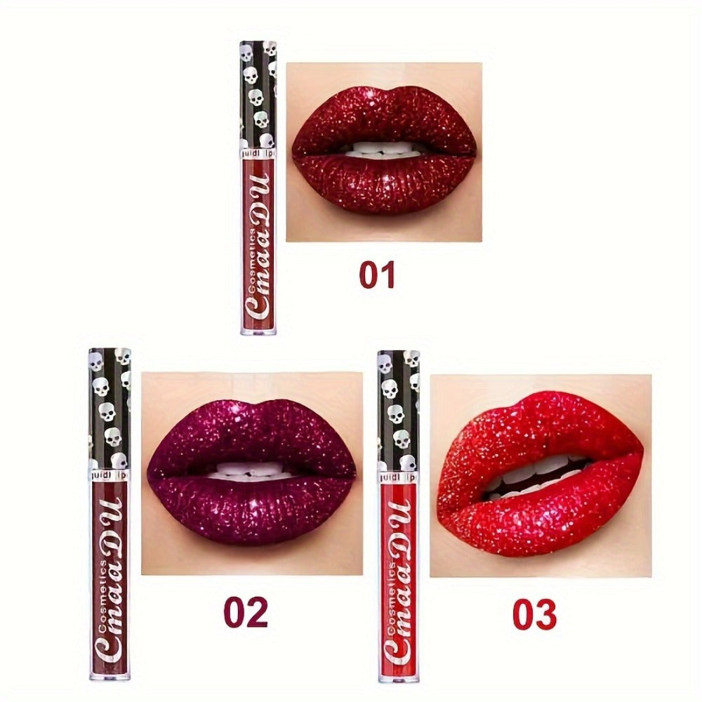 Glitter Lip Gloss Set 3pcs Skull Design Shimmer Liquid Lipstick Long Lasting Easy Remove Bold Shiny Lip Color for Music Festi