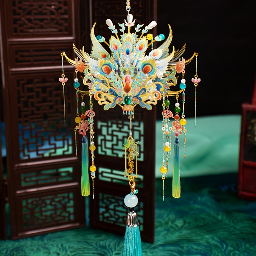 3D Metal Puzzle Phoenix Crown Qingluan – Blue & Gold DIY Assembly with Beads & Tassels, Chinese Mythology Art Collectible — i