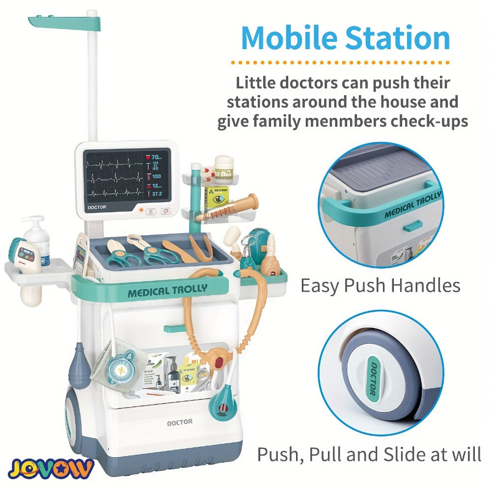 Kids Doctor Kit with Medical Cart Set, Movable Toy Trolley, Stethoscope, Thermometer & Accessories — image 9