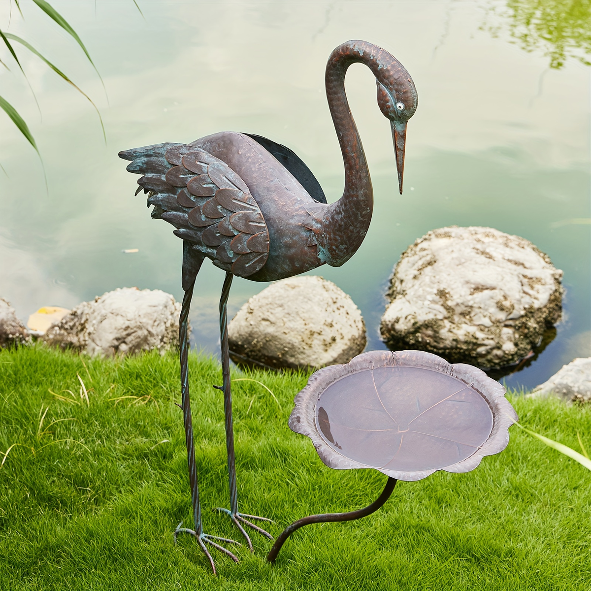 36-Inch Crane Sculpture Bird Bath Set with Separate 12.6-Inch Basin and Garden Stakes for Yard Decor — image 1