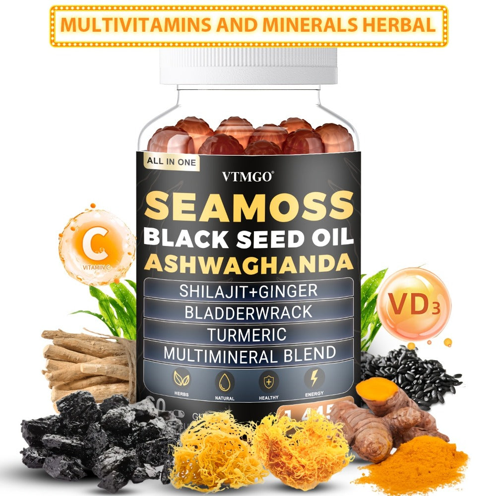 Sea Moss Gummies 1445mg with Shilajit Black Seed Oil Ashwagandha Elderberry Chlorophyll Turmeric Bladderwrack Ginger — image 