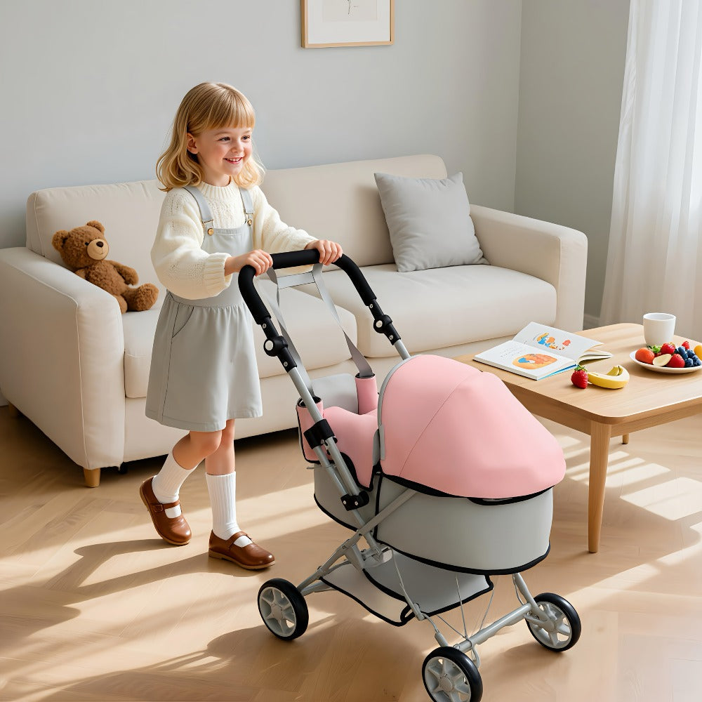 Foldable Doll Stroller with Adjustable Handle 39-68cm, Grey & Pink Baby Doll Pram for 16-20 Inch Dolls — image 2