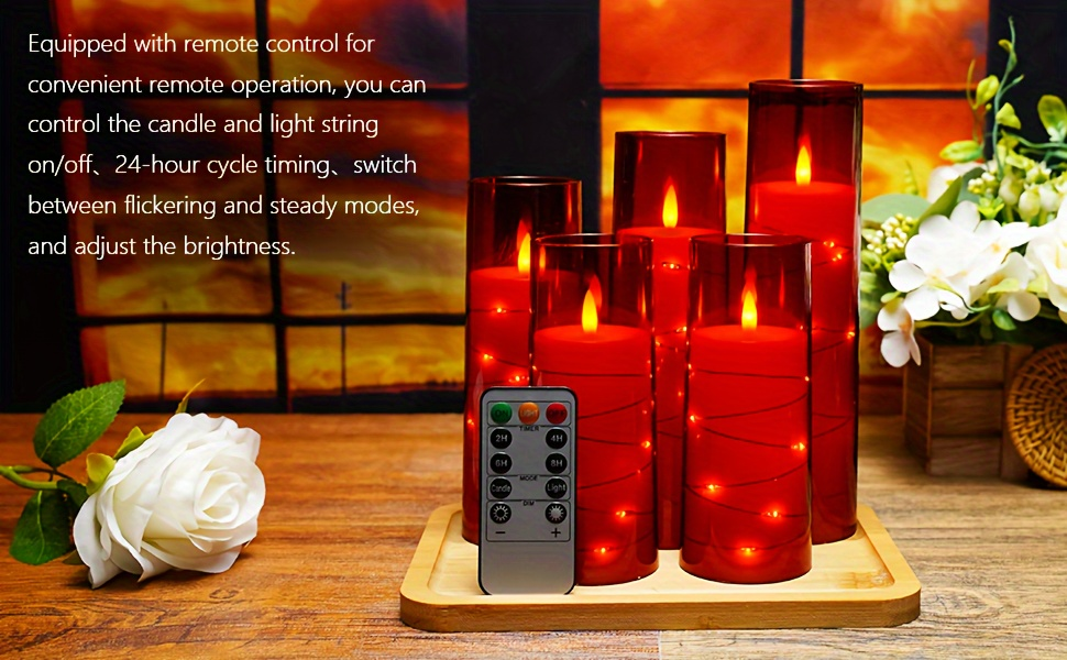 Flameless LED Candles with Remote Control Timer and Star String Lights Set of 5 or 7 Pillar Candles for Wedding Garden Home D