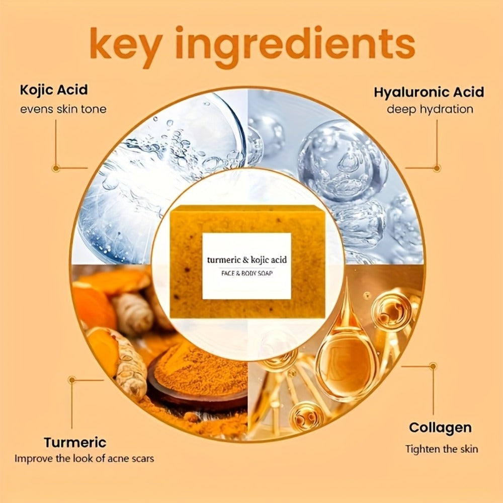 Turmeric and Kojic Acid Bar Soap, 12-Pack of 100g Bars with Lemon and Honey Labels plus Bubble Net — image 2