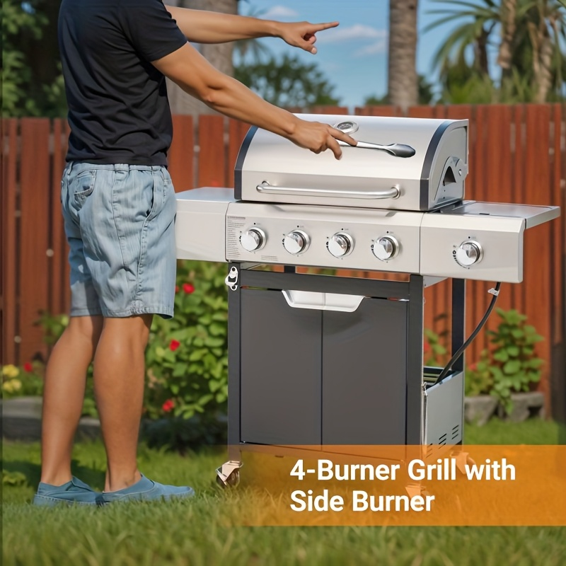 Propane Gas Grill Stainless Steel 3 & 4 Burner Outdoor BBQ Grill with Side Burner, Grill Cover & 344 Sq In Cooking Surface — 