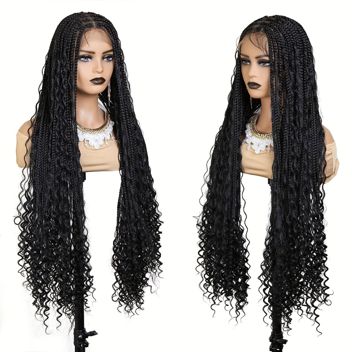 Extra-Long Black Box-Braid Wig with Curly Ends, Lace Cap and 48-Inch Checkout Length for Styling — image 1