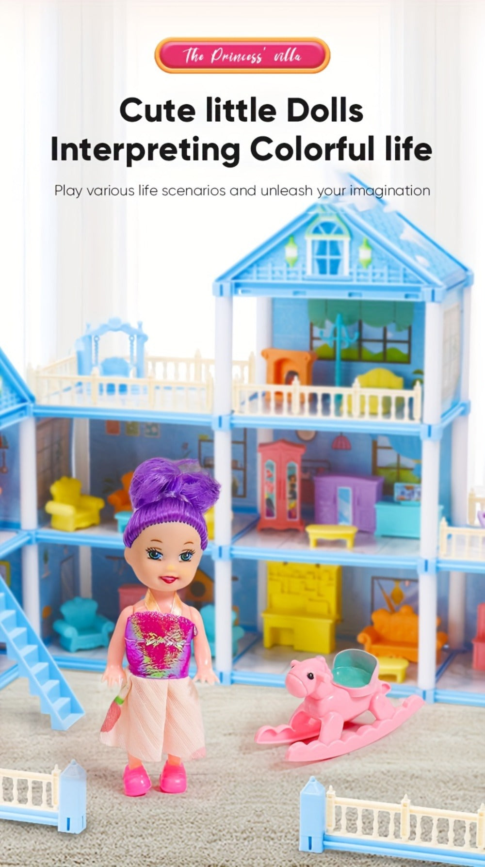 Princess Doll House Castle with Furniture & Accessories, Pink or Blue Mini Villa Playset 14 to 27 Rooms — image 19