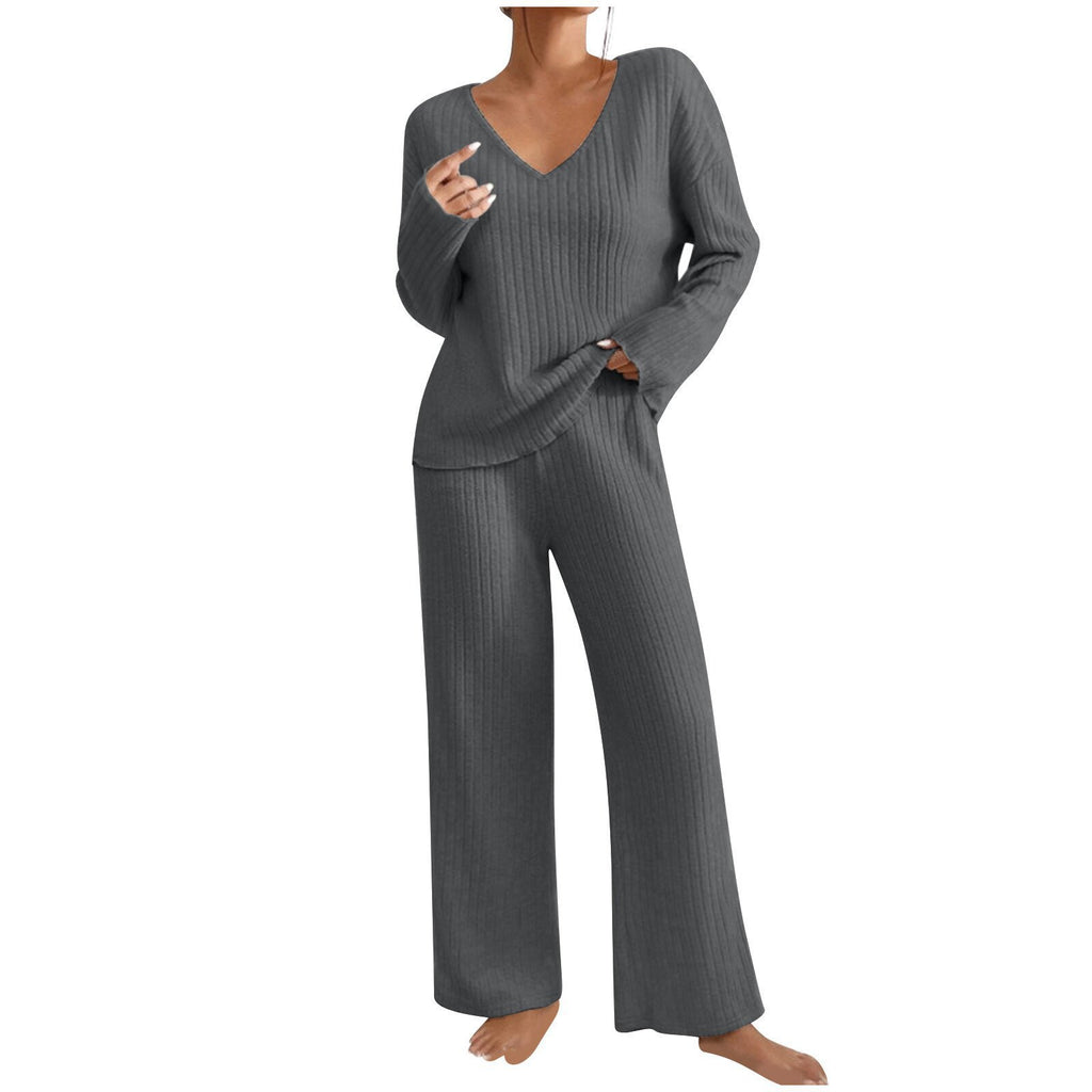 Long Sleeve V-neck Knitted Sunken Stripe Brushed Loose Leisure Suit