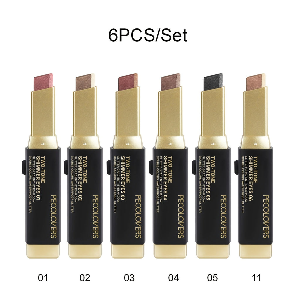 Glitter Eyeshadow Stick Pencil Set 6pcs Double Color Gradient Shimmer Metallic Waterproof, for Makeup, Travel and Everyday Va