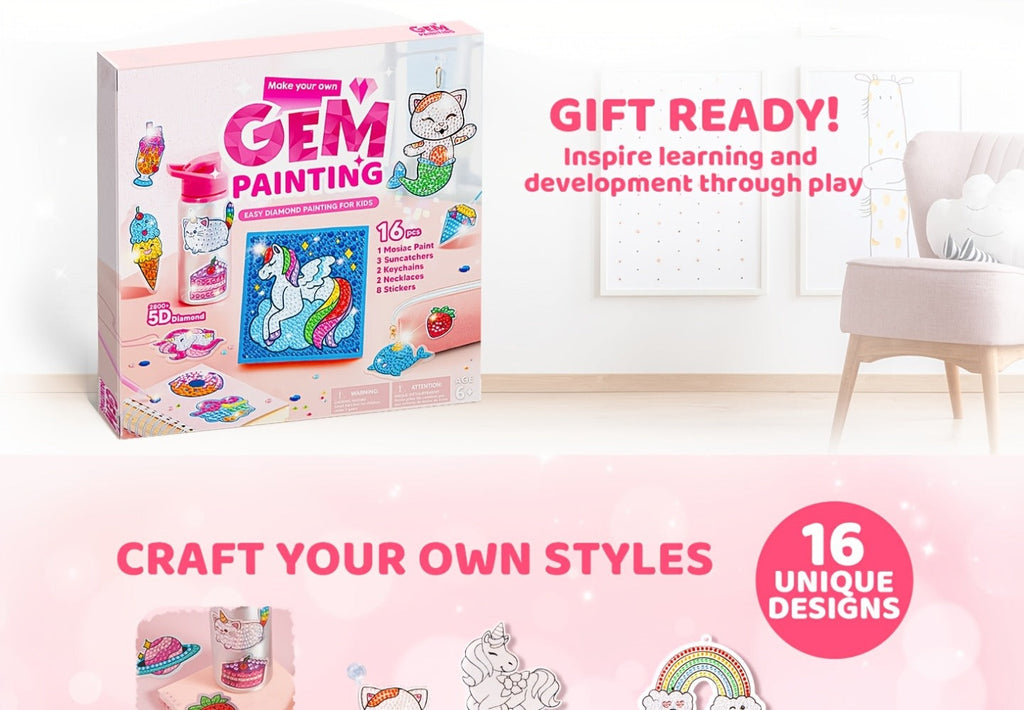 Diamond Gem Painting Kit for Girls Ages 6+ 16 Projects, 5D Gem Art Set with 2800+ Gems Unicorn Suncatchers Keychains Necklace