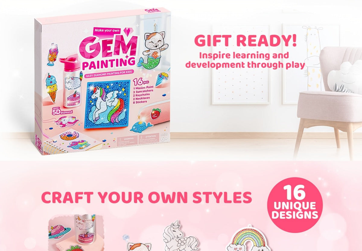 Diamond Gem Painting Kit for Girls Ages 6+ 16 Projects, 5D Gem Art Set with 2800+ Gems Unicorn Suncatchers Keychains Necklace