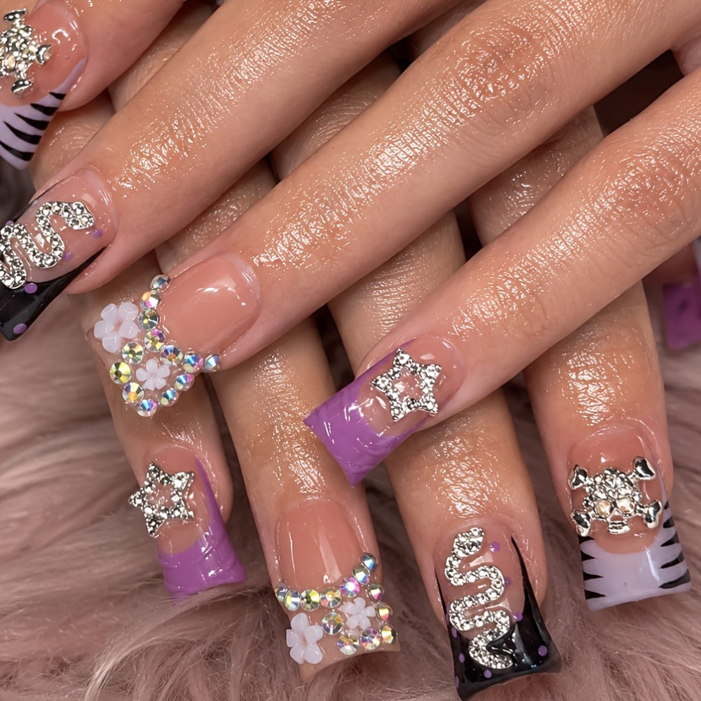 Press On Nails 10-Piece Handmade Short Duckbill Leopard Skull Rhinestone Acrylic Set with Tools — image 3