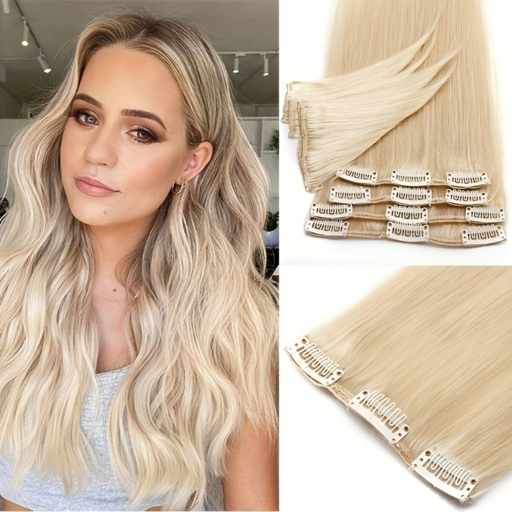 Hair Extensions Straight Remy Human Hair Clip-In Set with Eight Wefts, Highlighted Blonde Colors and 8–24-Inch Lengths — imag