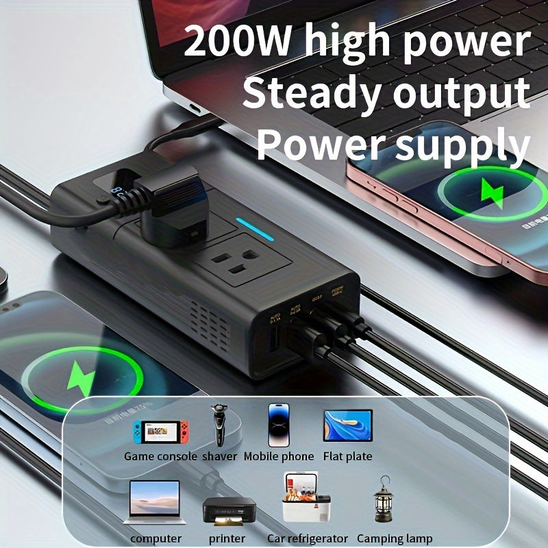 Black 200W Elongated Car Power Inverter Hub with Multiple 110V AC Outlets, USB Ports and Display — image 5