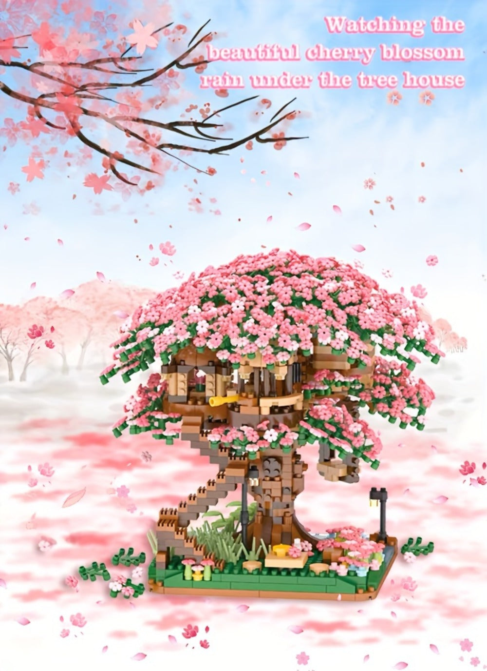 Building Block Set Cherry Blossom Tree House, 1020 or 2028 Micro Pieces with Pink Canopy and Base Display — image 13