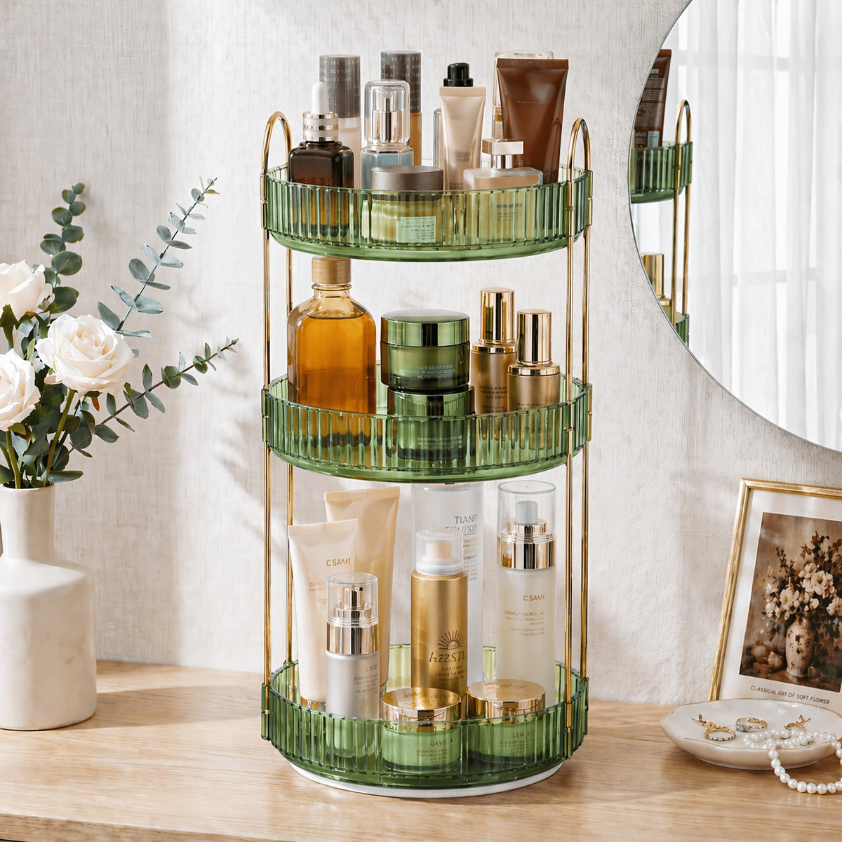 Three-Tier Rotating Makeup Organizer with 360-Degree Base in Green, Amber or Transparent Finish — image 1