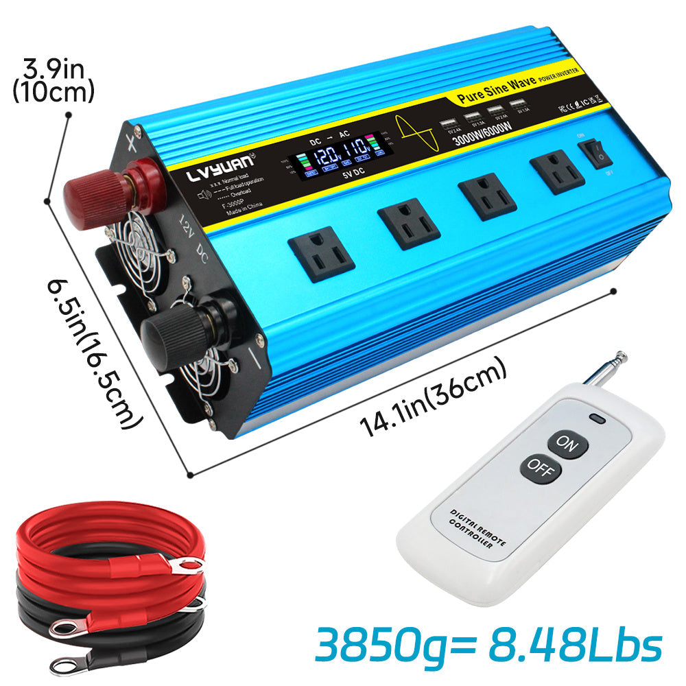 Blue 12V or 24V DC to 110V AC Power Inverter with LCD, Four AC Receptacles and Remote Presentation — image 2