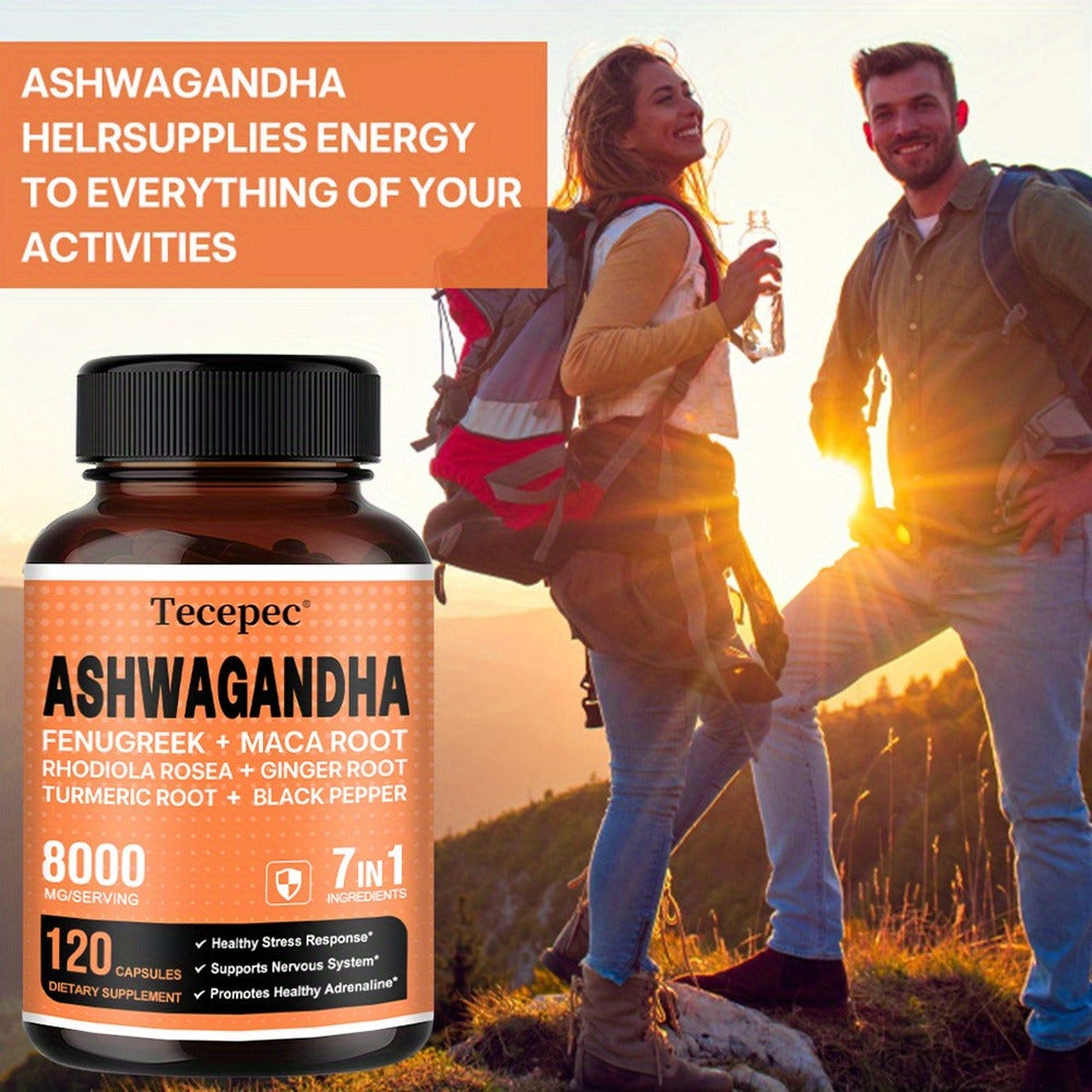 Ashwagandha Capsules 7-in-1 Adaptogen Blend 120ct with Maca Root Rhodiola Rosea Ginseng for Bath Time, Home Spa and Personal 