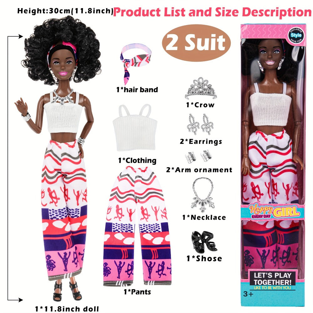 Six-Piece 11.5-Inch Fashion Doll Set with Curly-Hair Styles, Bohemian Outfits, Headbands and Jewelry — image 4
