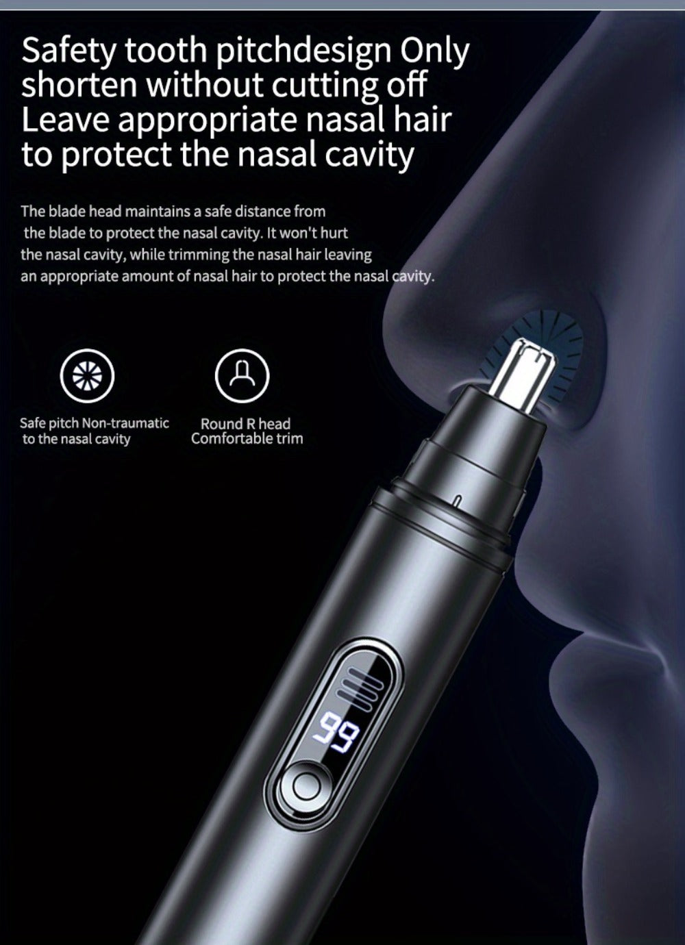 Nose Hair Trimmer Electric Painless 3-in-1 USB Rechargeable with LED Display – Trims Nose Ear Hair Eyebrows Waterproof Groomi