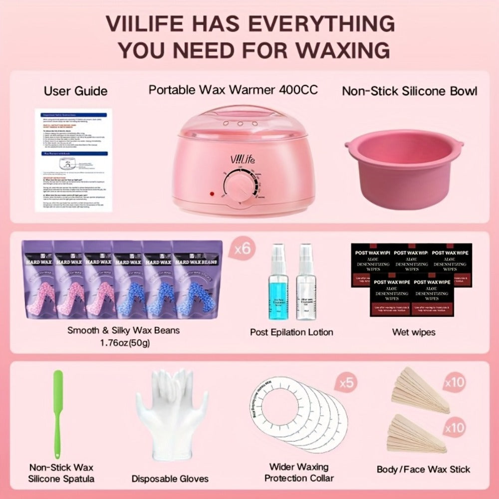 Hard Wax Warmer Kit 43 Piece Complete Home Waxing Set with Pink Hard Wax Beads – No Strip Hair Removal for Face Eyebrow Body 
