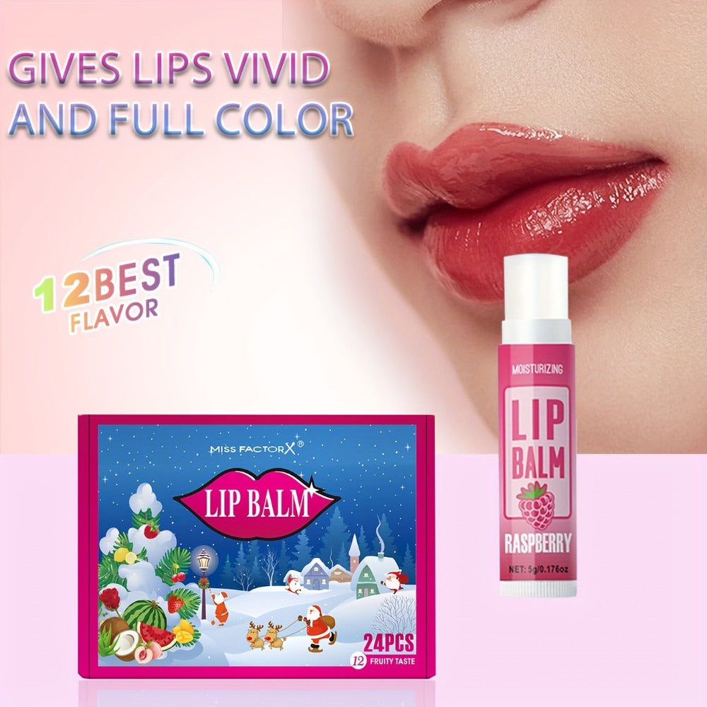 Lip Balm 24-Piece Holiday Gift Box with 12 Assorted Flavor Labels and Colorful Twist-Up Tubes — image 4
