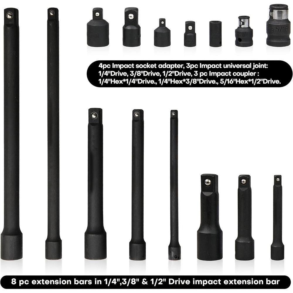 Socket Drive Accessory Kit 18-Piece – Socket Adapters, Extension Bars, Universal Joints & Impact Couplers Chrome-Moly Steel P