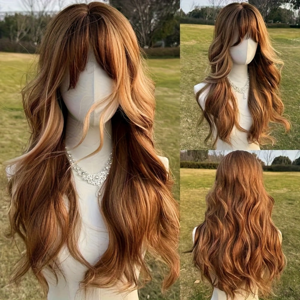 Synthetic Wig 24-Inch Light Brown Body Waves with Golden Highlights, Bangs and Rose Net Cap — image 1