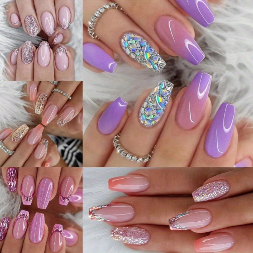 Press On Nails 120-Piece Medium Coffin Five-Pack Pinkish Purple Glitter Sequin Glossy Full-Cover Set — image 2