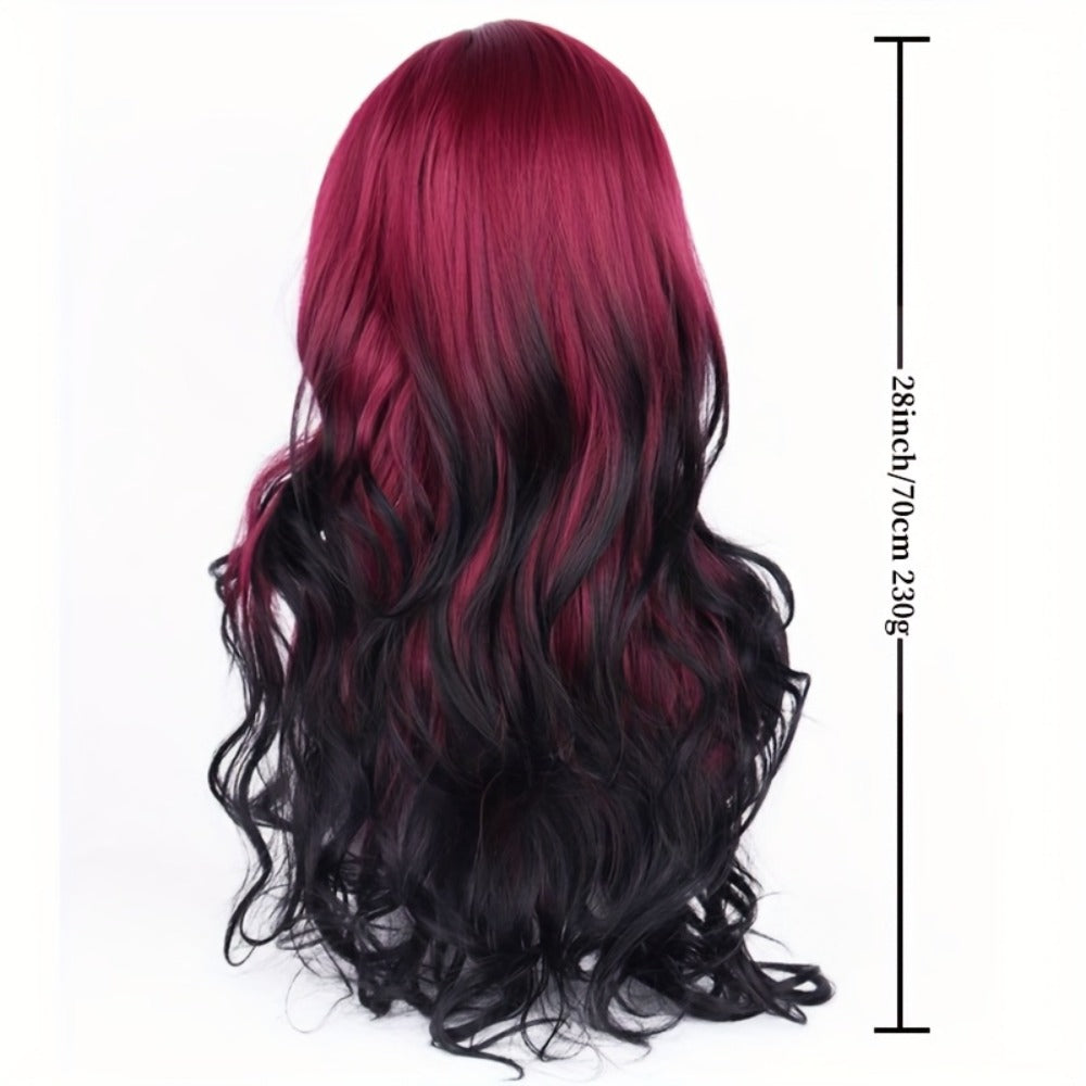 Long Curly Wig Black Red Highlights 28 Inch Wavy Synthetic Rose Net Cap Glamorous Voluminous Hair for Women Cosplay Party Hal