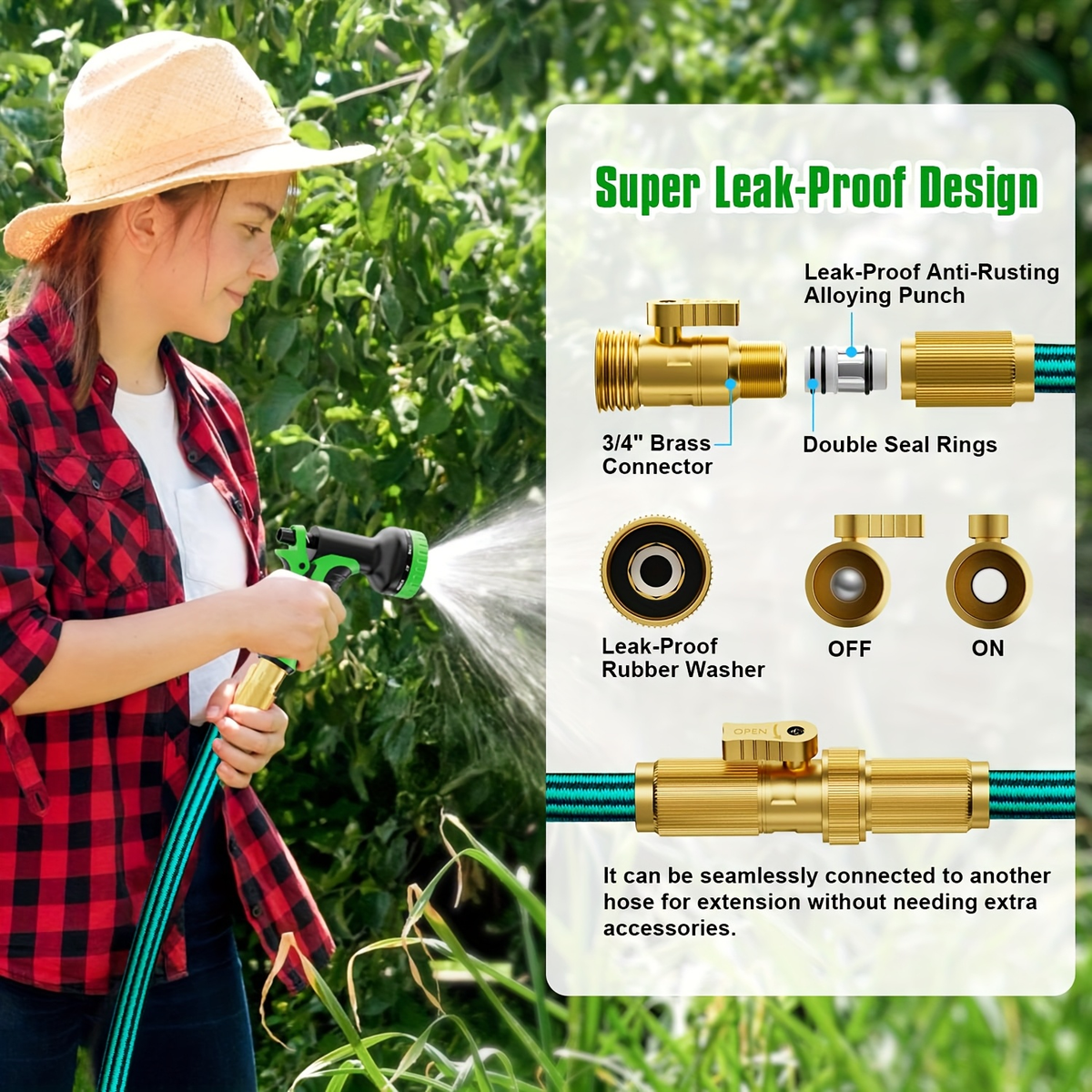 Expandable Garden Hose with 10-Function Nozzle, 3/4" Brass Fittings, Leakproof, Durable Rubber, 15 to 100FT — image 8