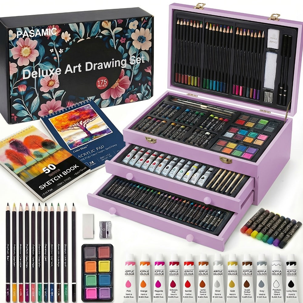 172 Piece Deluxe Art Set in Wooden Case with 2 Drawing Pads Crayons Acrylic with the Listed Color, Size or Set Options for Ev