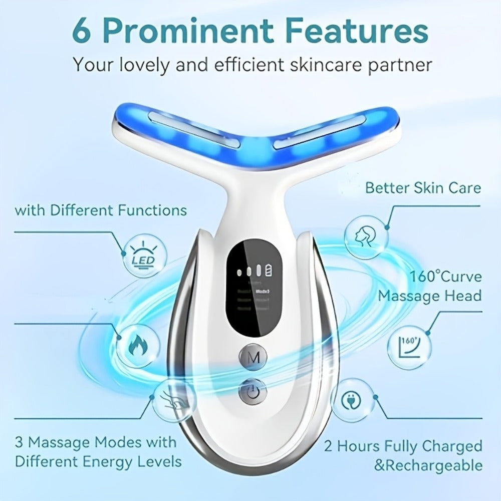 Face & Neck Massager 7-in-1 LED Light Therapy USB Rechargeable - Multifunctional Facial Lifting Wrinkle for Home or Salon Spa