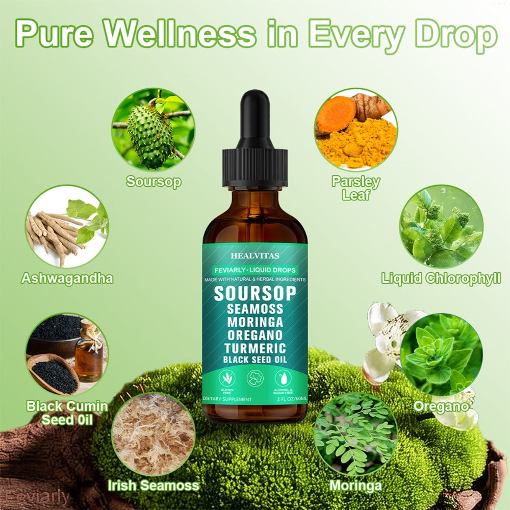Soursop Bitters Liquid Supplement 2oz 10-in-1 with Seaweed Moringa Turmeric Black Seed Oil & Oregano Herbal Extracts — image 